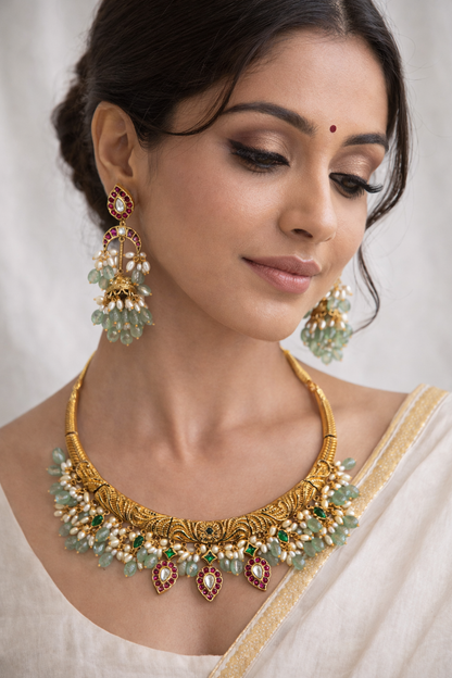 Gold-Finish Kundan & Pearl Hasli Necklace Set