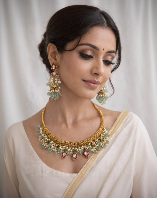 Gold-Finish Kundan & Pearl Hasli Necklace Set-G352500