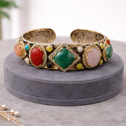 Vintage-Inspired Natural-Gemstone Gold Cuff Bracelet-G352200