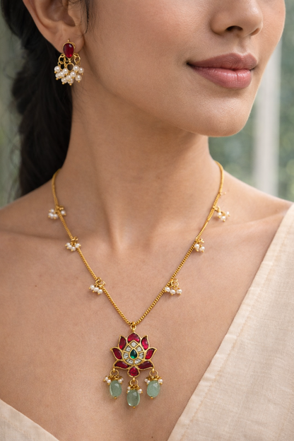 Thin Layer Lotus Necklace with Pearl Drops