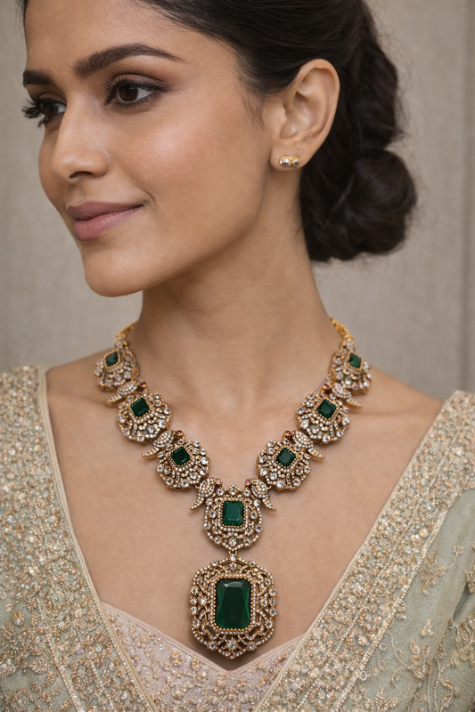Victorian Emerald Green Stone & Kundan Necklace Set-G354100