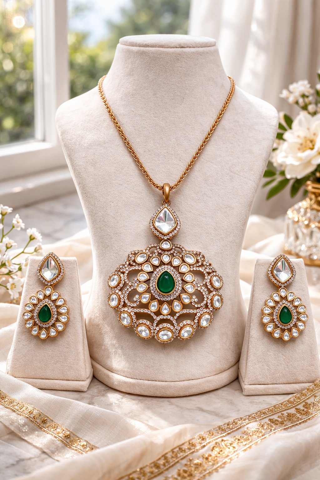 Mossointe Emerald Long Pendant Set