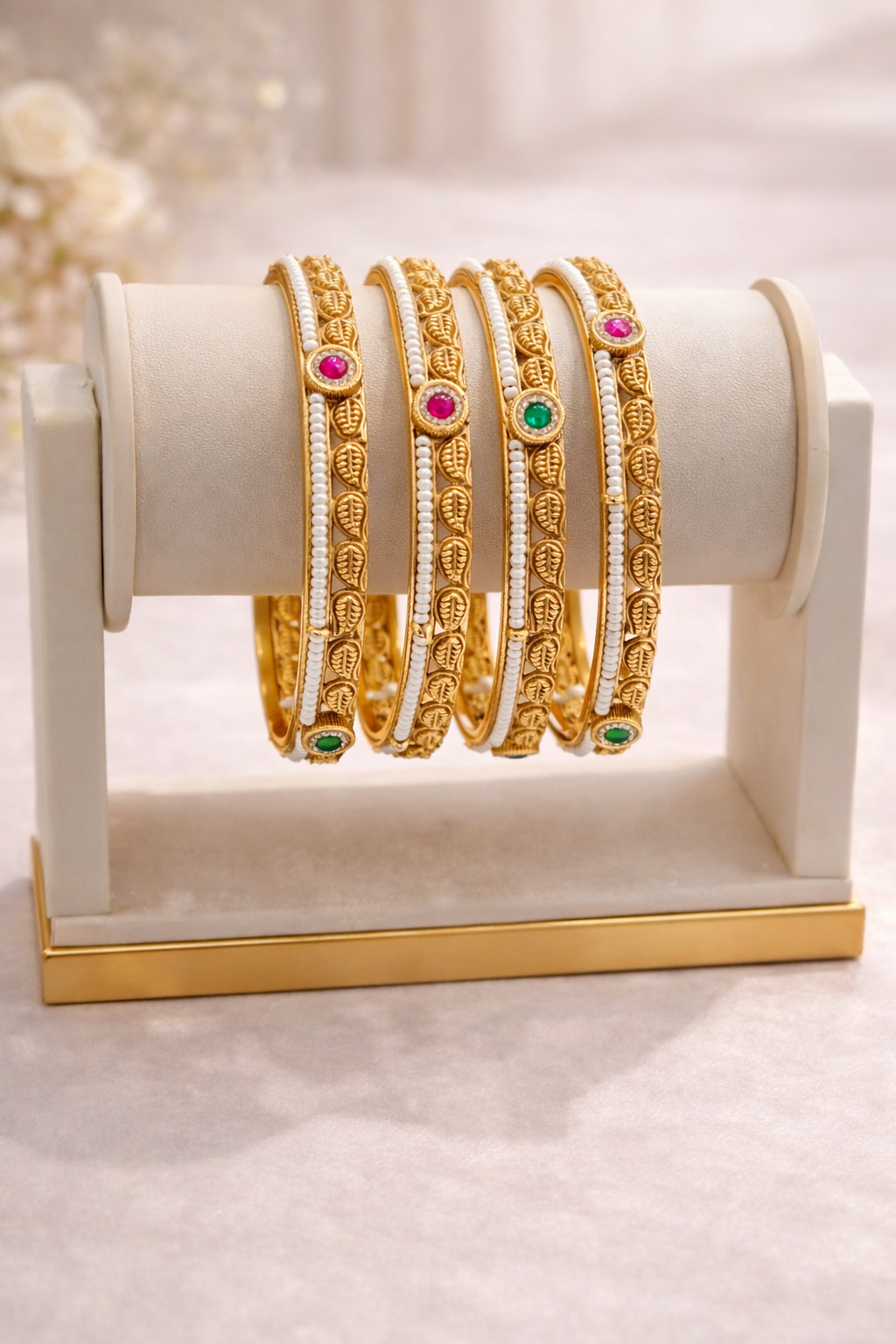 Gold Plated Leaf Motif Bangle Set