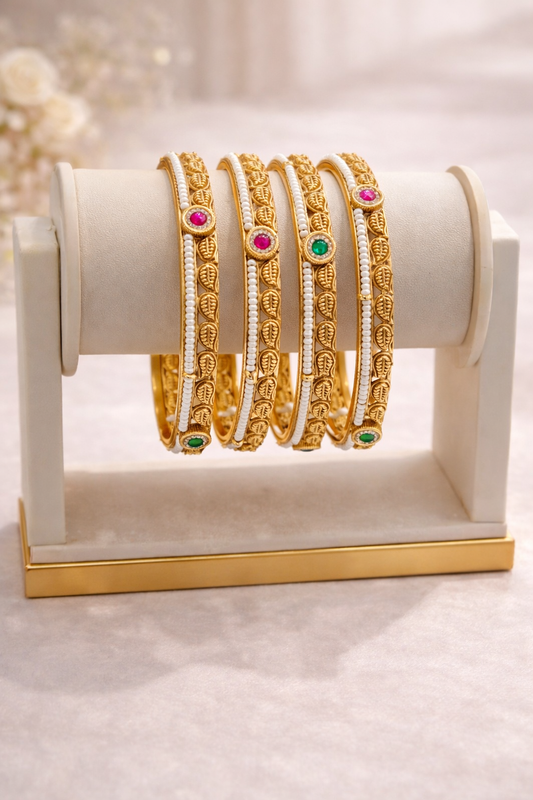 Gold Plated Leaf Motif Bangle Set