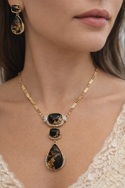 Marbled Black Stone Gold-Tone Pendant Set