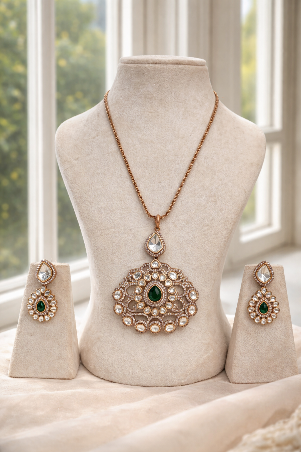 Mossointe Emerald Long Pendant Set