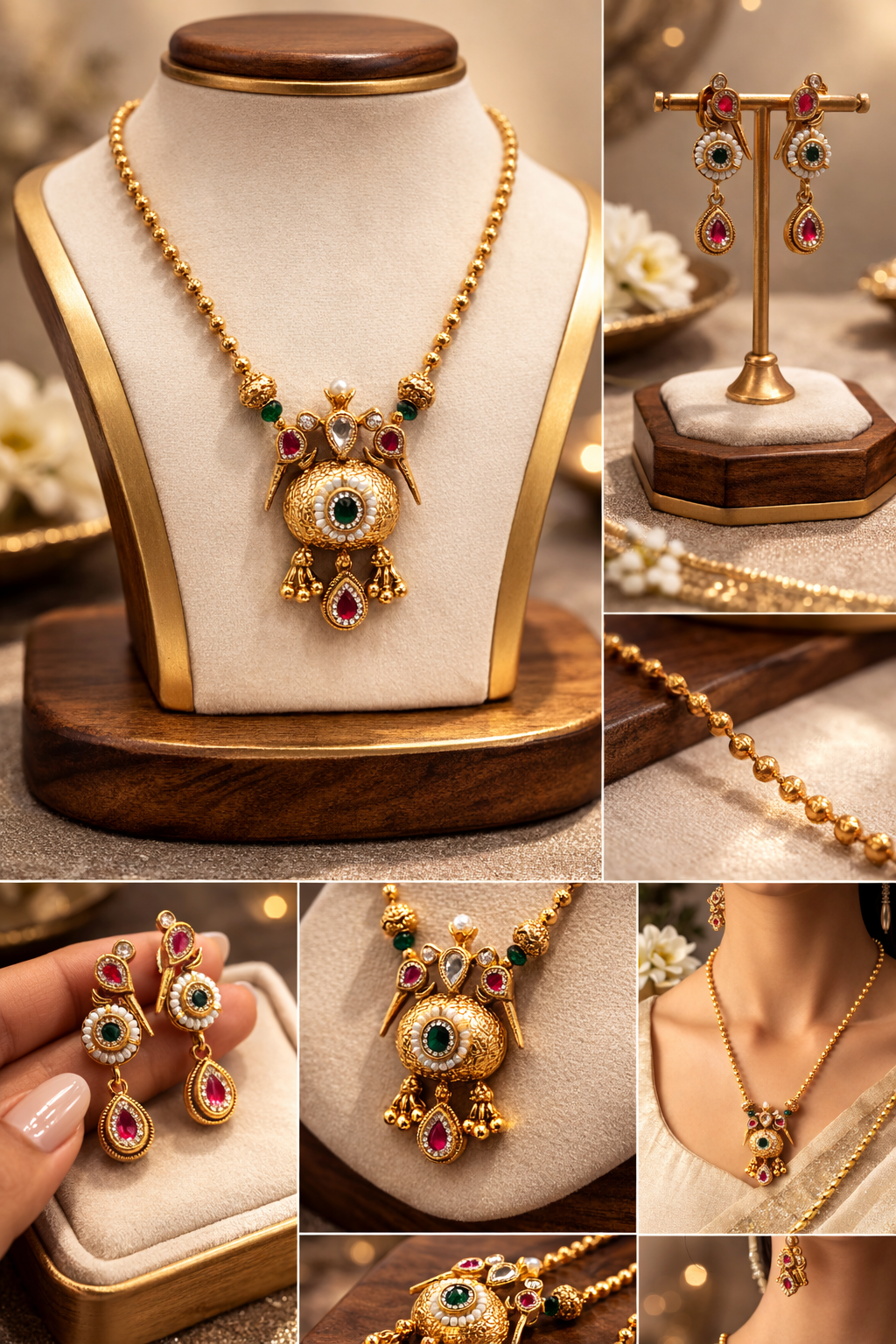 Antique Gold-Toned Kempu Stone Pendant Set with Matching Earrings-G351700