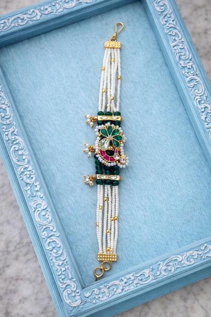 Emerald Green and Pearl Kundan Traditional Indian Bracelet-G351100