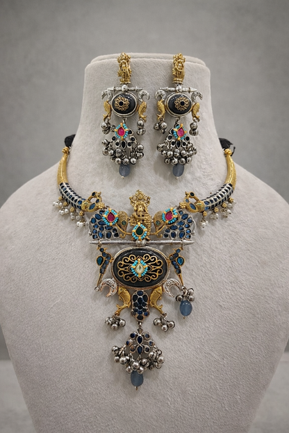 Oxidised Silver Dual-Tone Antique Temple Jewellery Set-G353100