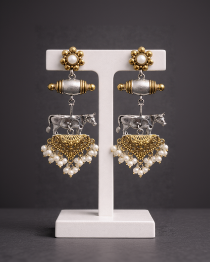 German Silver and Gold Tone Cow Motif Jhumka Earrings-G351300