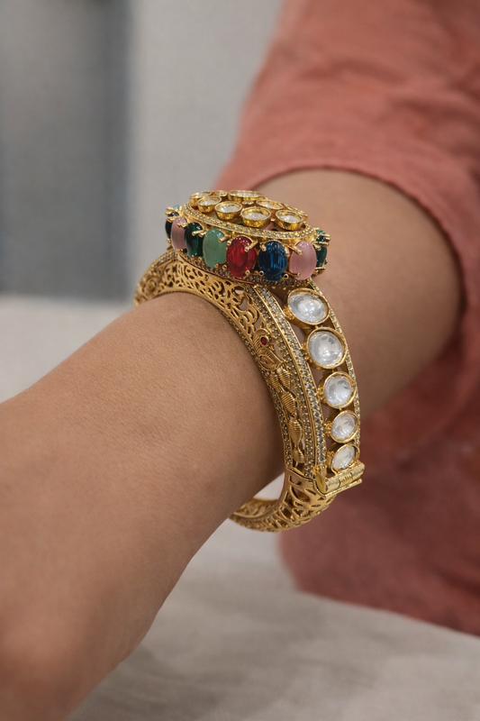 Multicolor Polki Navratan Kada Bracelet