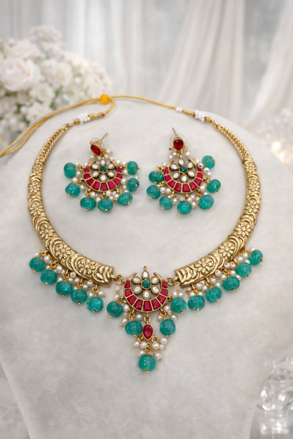 Ethnic Red & Green Kundan Choker Set with Matching Earrings