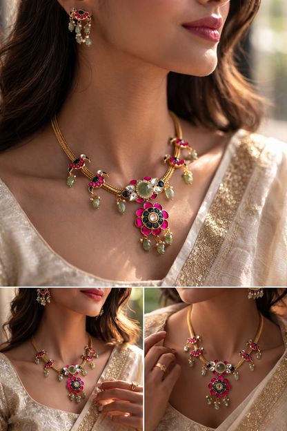 Jadau Kundan Peacock Motif Necklace Set with Pearl & Emerald Beads Earings