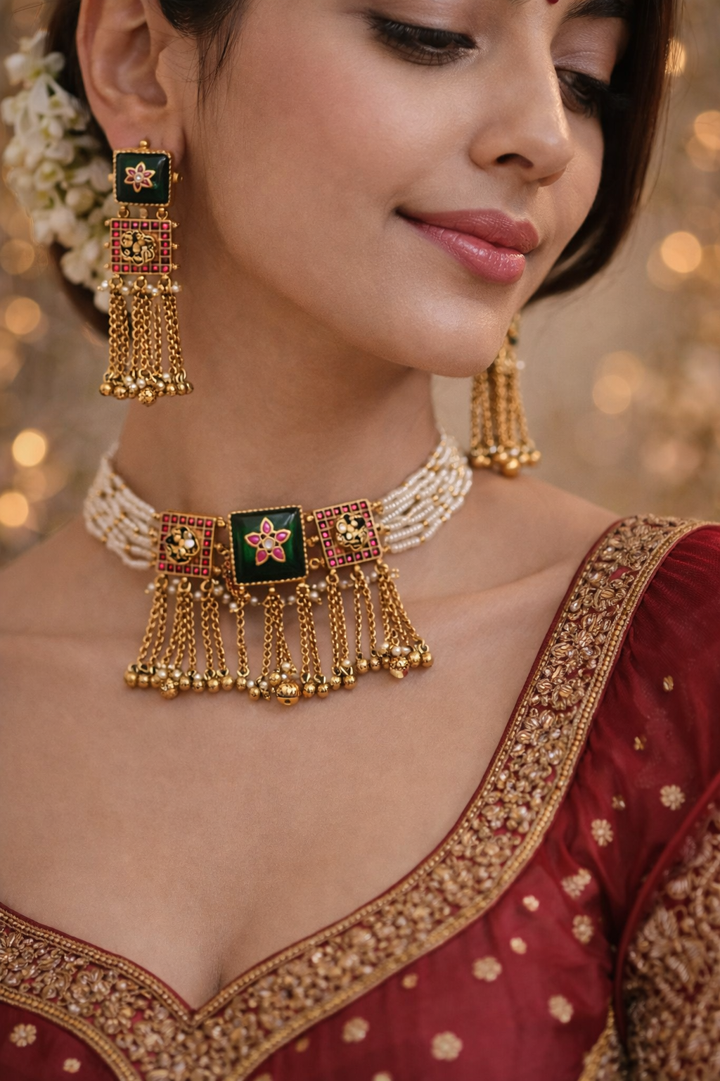 Emerald Green & Pearl Kundan Choker Set with Dangling Earrings