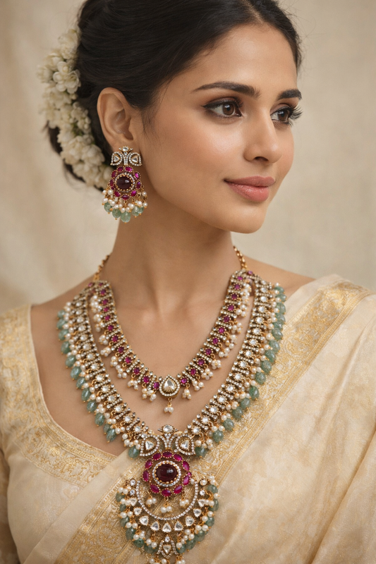 Ruby Kundan Polki Bridal Necklace Set-G357200