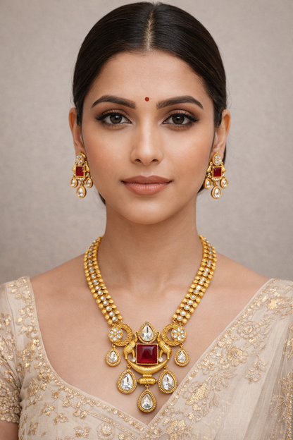Ruby & Kundan Polki Antique Gold Plated Necklace Set-G752600
