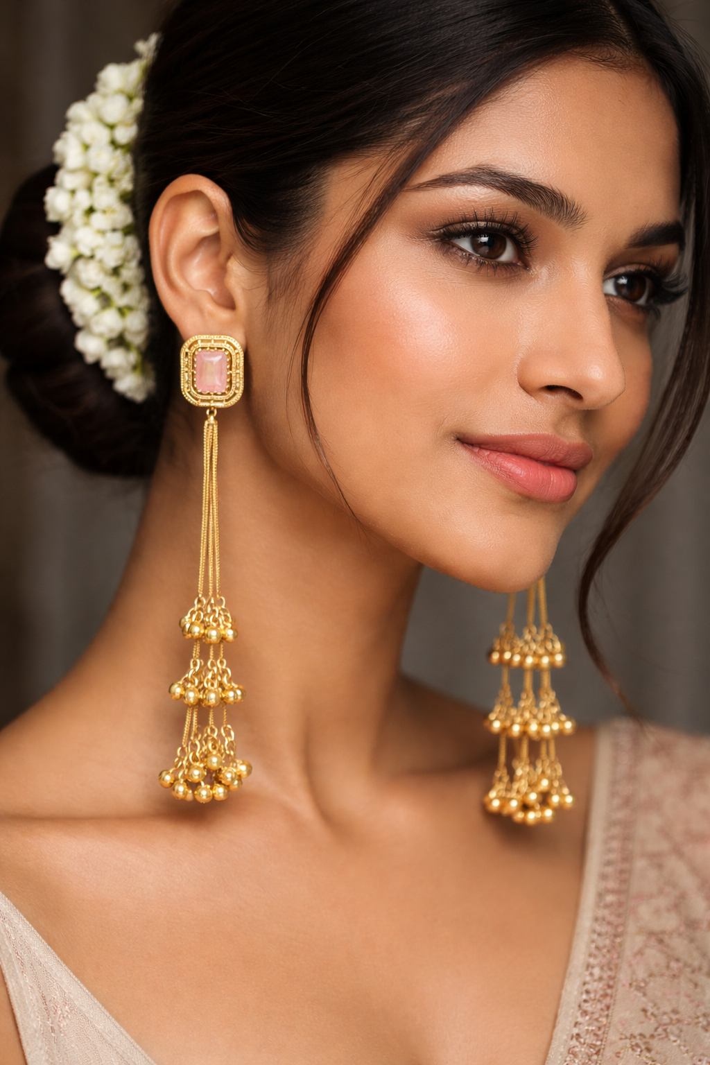 Kashmiri Pink Stone Gold-Toned Drop Earrings-G35800