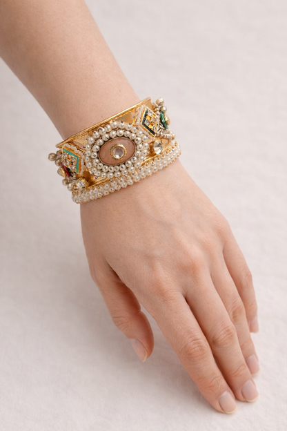 Kundan & Pearl Embellished Gold-Plated Cuff Bangle