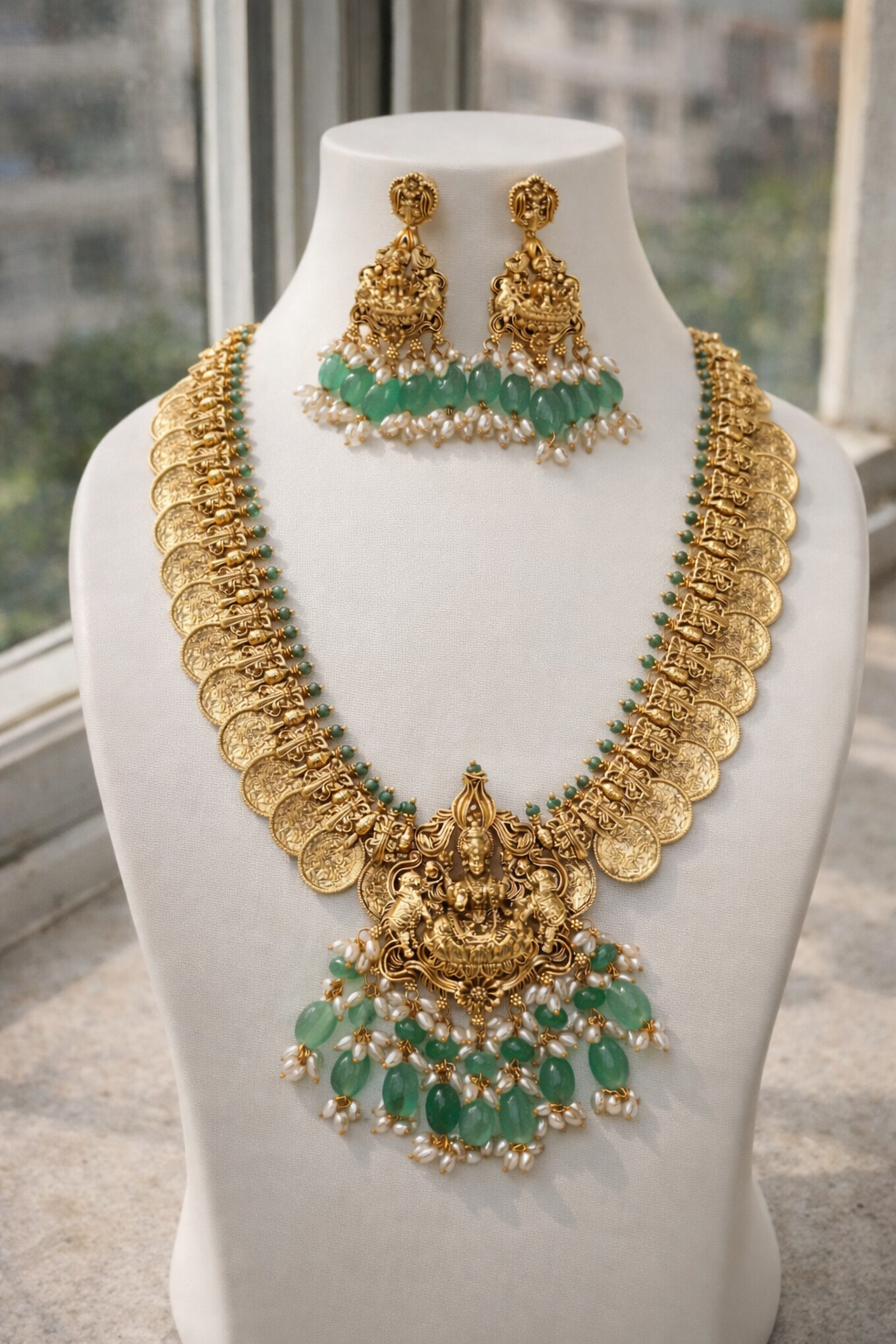 Lakshmi Peacock Coin Necklace Set with Mint Green Beads & Pearls