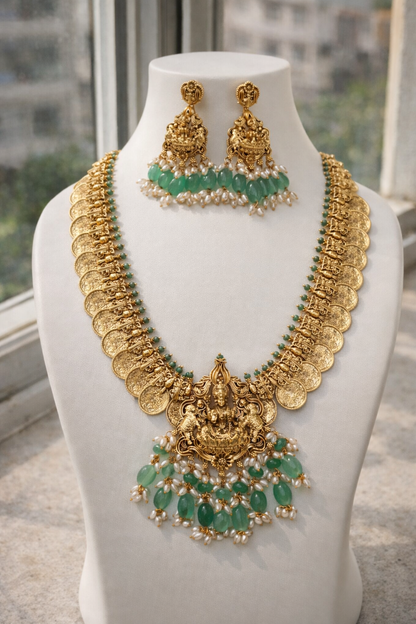 Lakshmi Peacock Coin Necklace Set with Mint Green Beads & Pearls