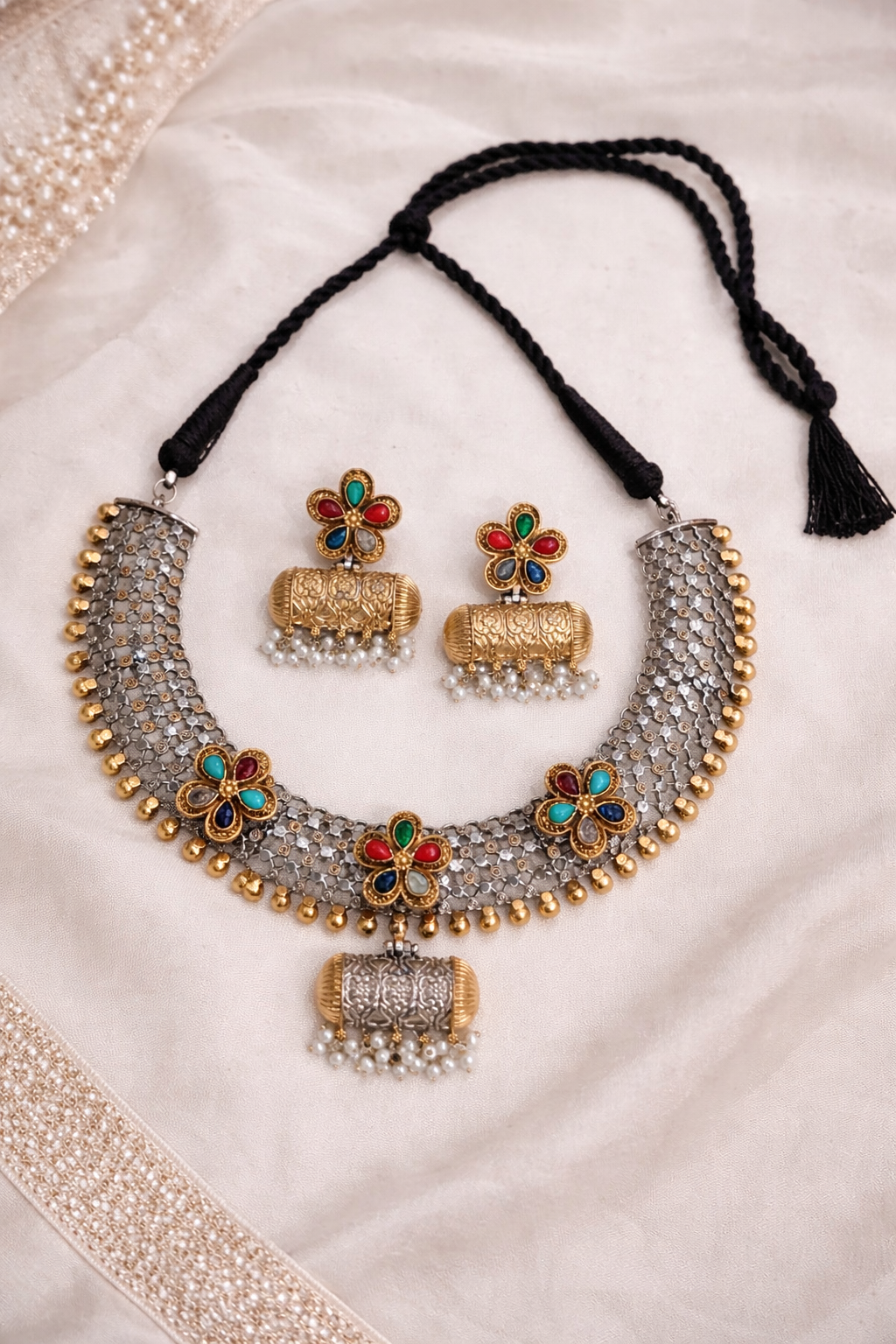 Oxidized Afghan Choker Necklace Set-G3511600