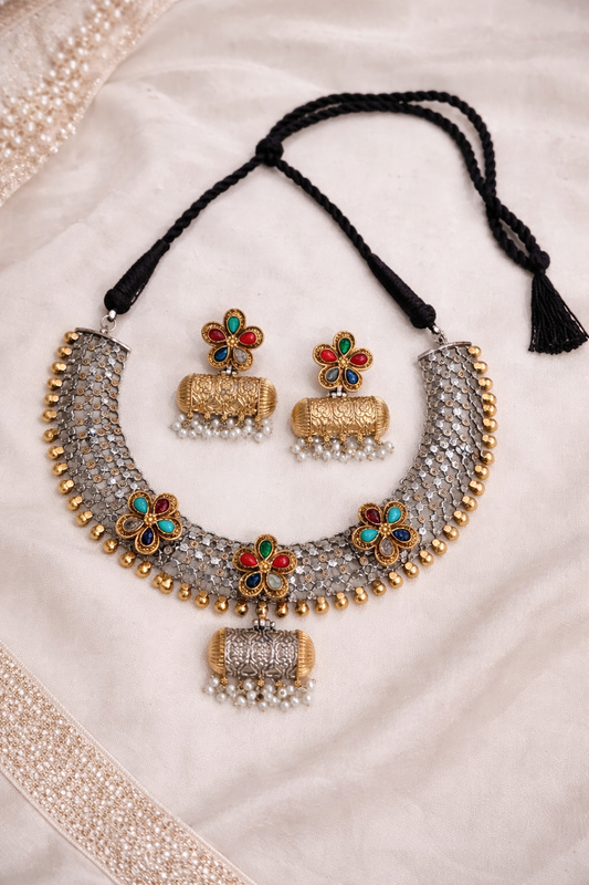 Oxidized Afghan Choker Necklace Set-G3511600