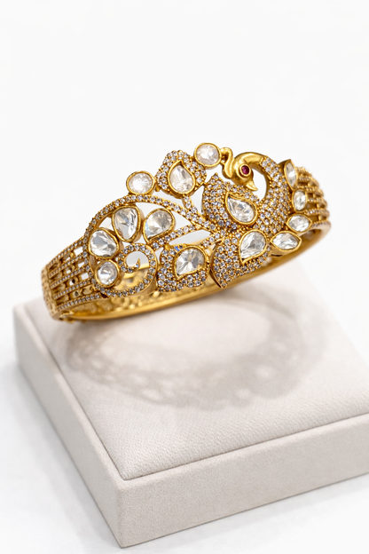 Peacock Polki & Moissanite Gold-Plated Cuff Bracelet