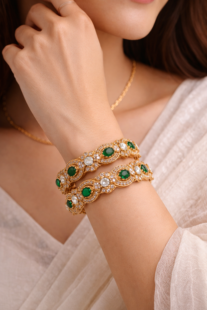 Emerald Stone & CZ Diamond  Bangles(Set of 2)