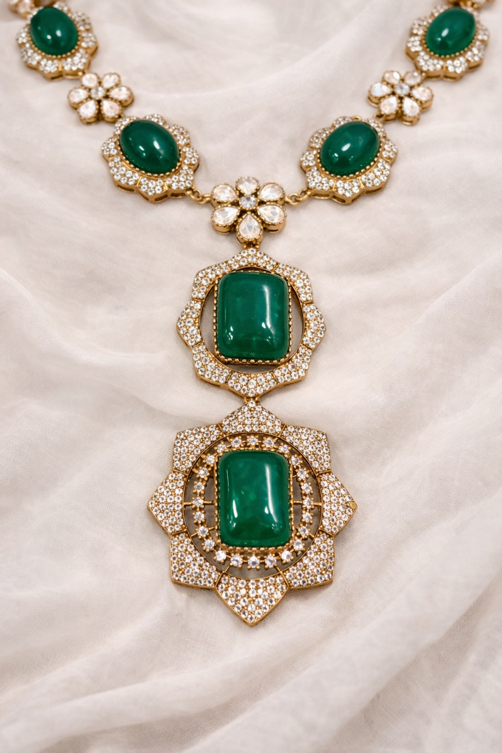 Emerald & Kundan Polki Gold Finish Necklace Set