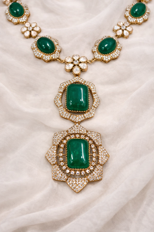 Emerald & Kundan Polki Gold Finish Necklace Set