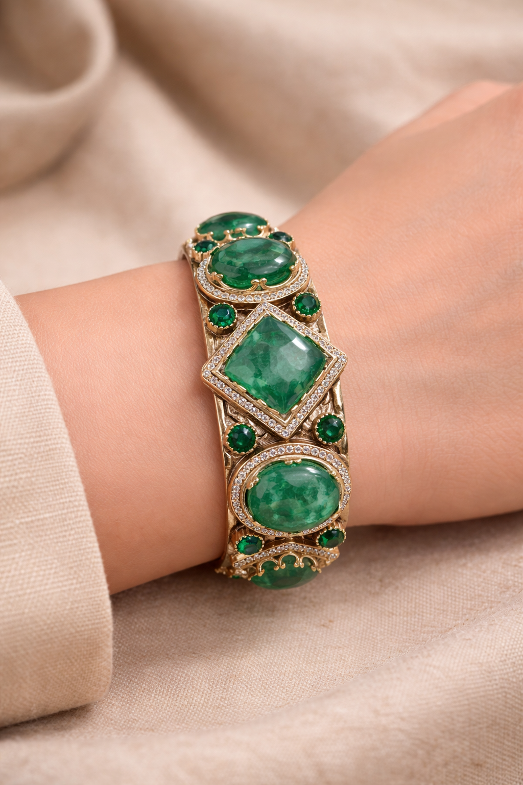 Vintage-Inspired Natural-Gemstone Gold Cuff Bracelet-G352200