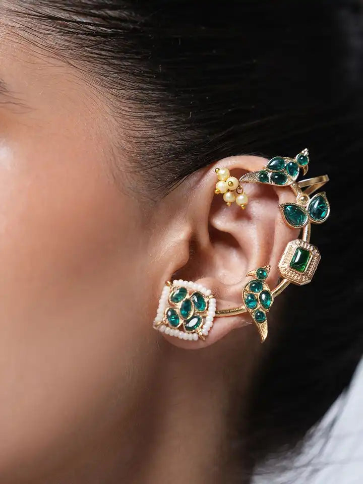 Kundan & Ruby Red Polki Earings Ear Cuffs-G35300