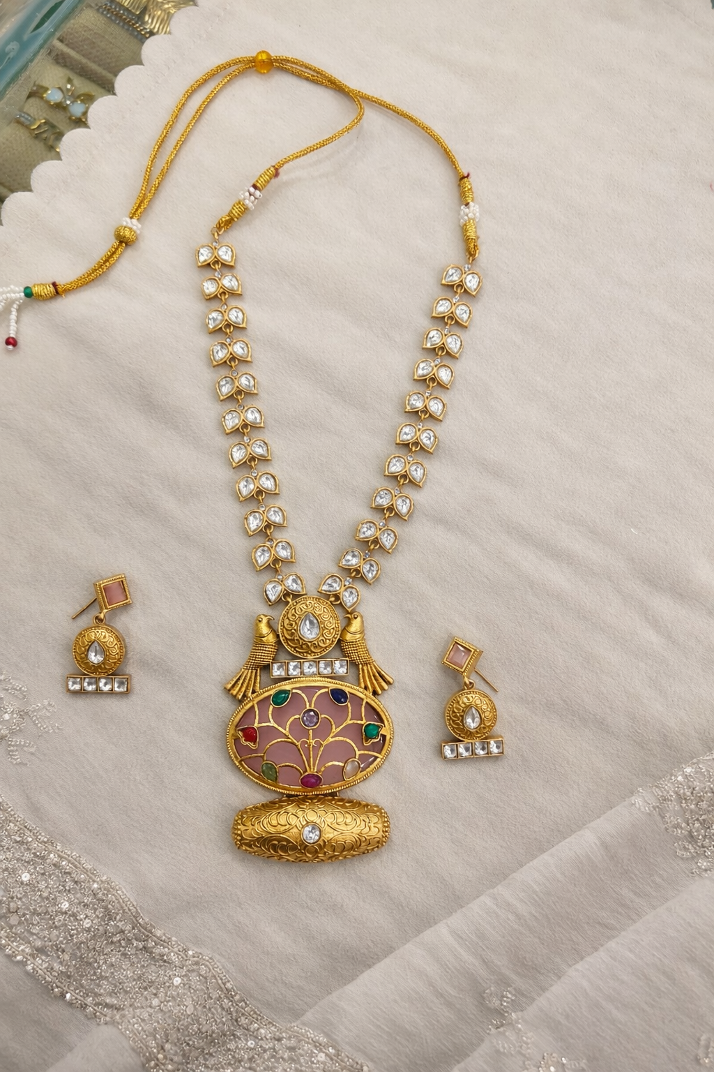 Fusion Kundan Polki Necklace Set Pink-G351800