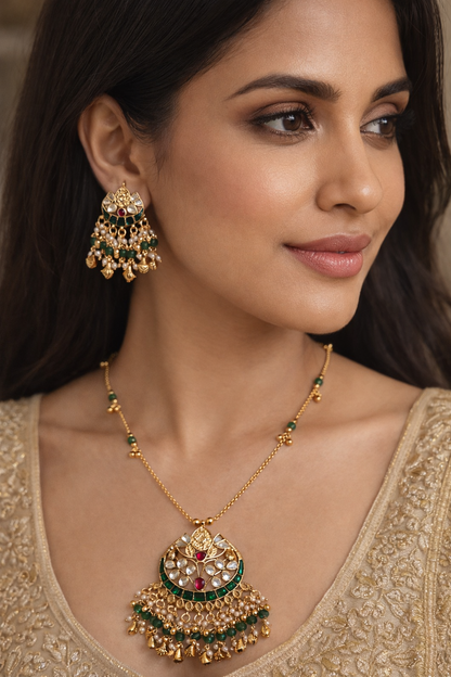 Kundan & Kemp Stone Gold-Plated Pendant Necklace Set with Matching Earrings