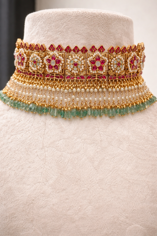Pachi Kundan Jadav Choker Necklace Set
