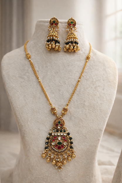 Kundan Gold Plated Chain Pendant Set With Earring