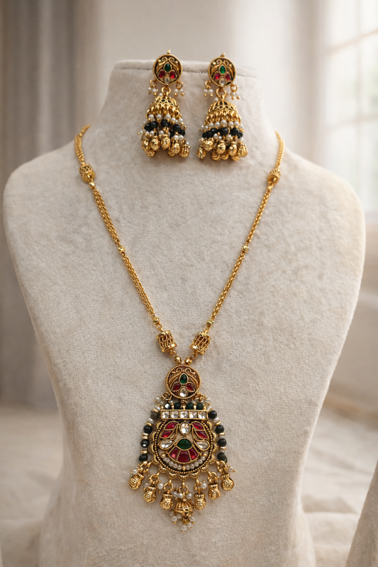 Kundan Gold Plated Chain Pendant Set With Earring