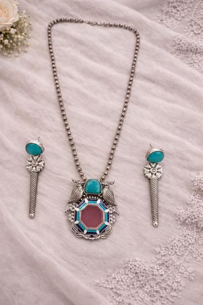 Oxidised Silver-Tone Turquoise Bird Motif Pendant Set-G351100