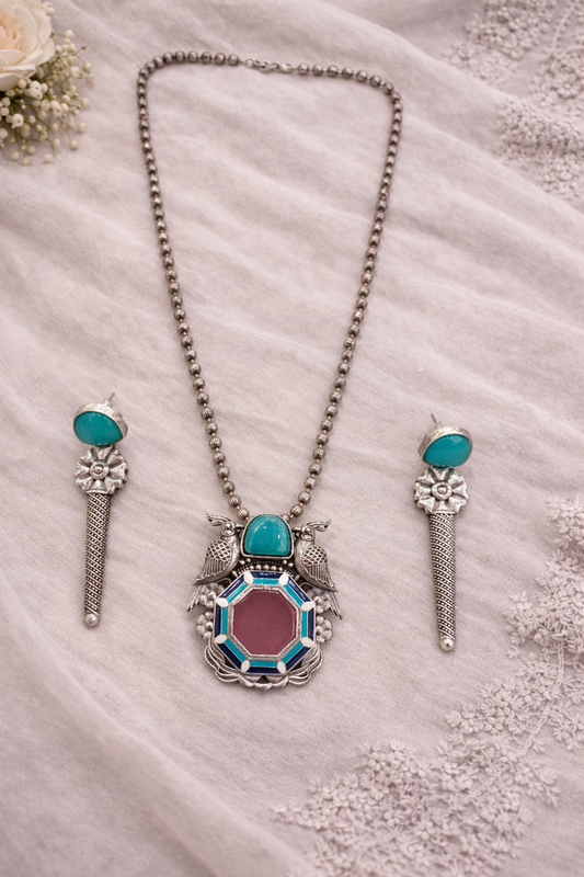 Oxidised Silver-Tone Turquoise Bird Motif Pendant Set-G351100