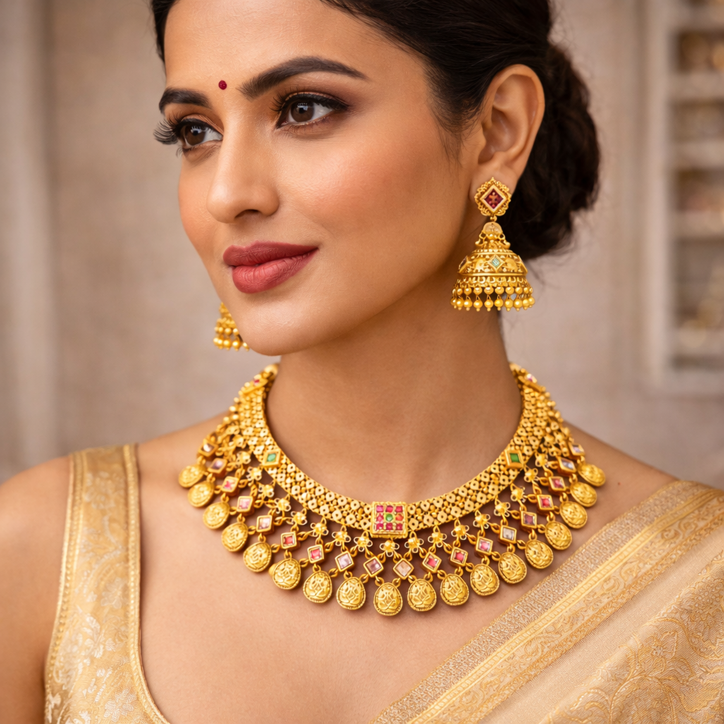 Rajwadi Antique Jaalar Gold Necklace with Jhumka Earrings