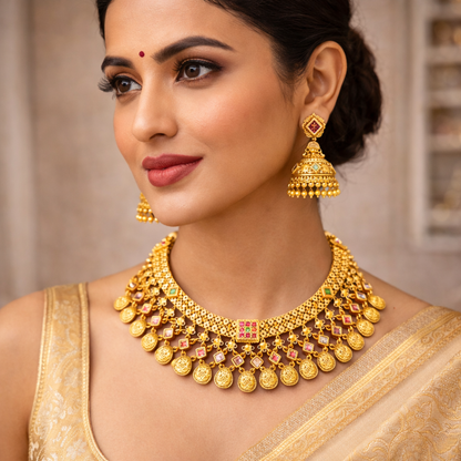 Rajwadi Antique Jaalar Gold Necklace with Jhumka Earrings