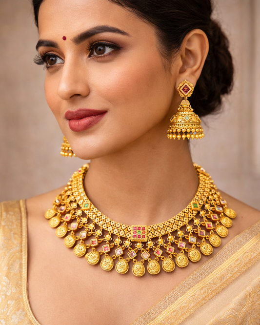 Rajwadi Antique Jaalar Gold Necklace with Jhumka Earrings-G356300