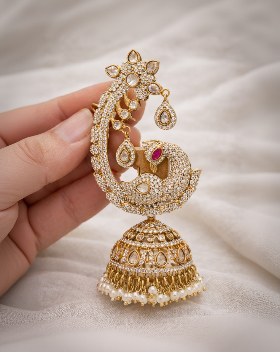 Peacock Jhumka Style Mossaintite Earcuff with Errings-G353800