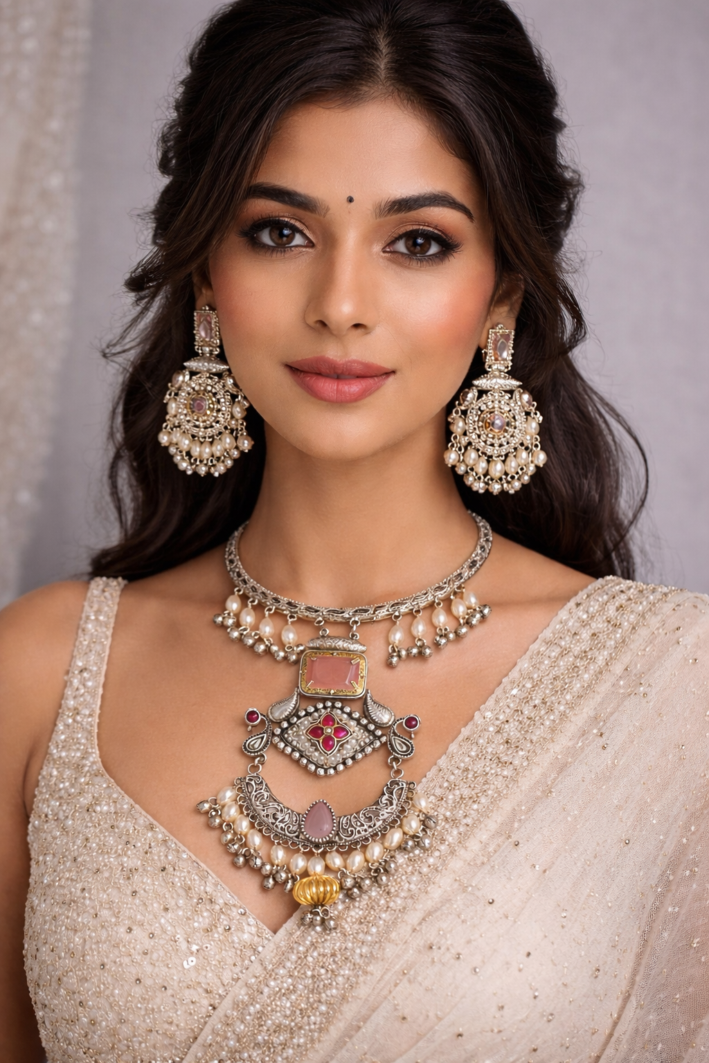 Oxidized Silver Pink Stone and Pearl Choker Hasli Set-G351800