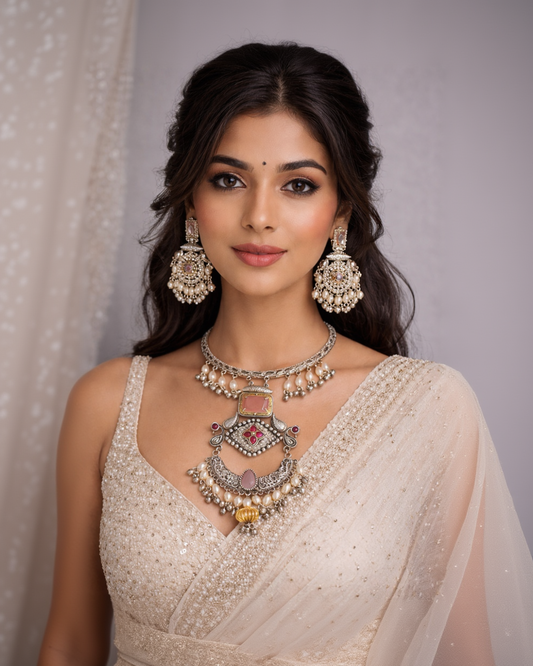Oxidized Silver Pink Stone and Pearl Choker Hasli Set-G351800