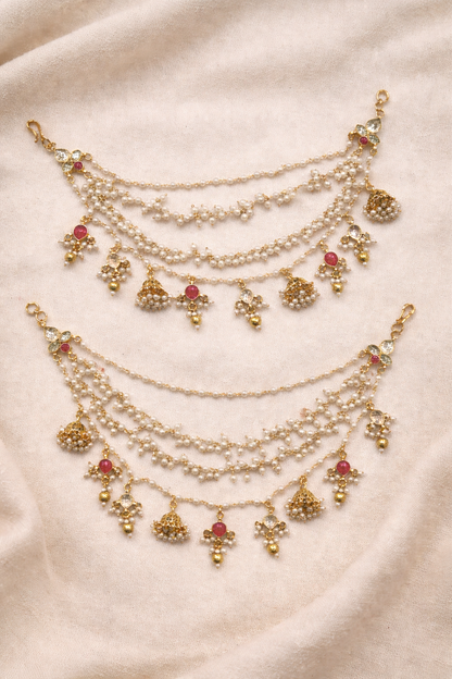 Pink Jadau Pearl and Jummar Hanging Earchain