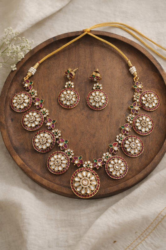 Gold-Plated Kemp Stone Coin Necklace Set-G354300