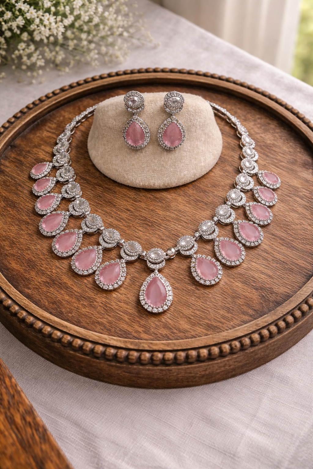 American Diamond Pink Stone Necklace Set