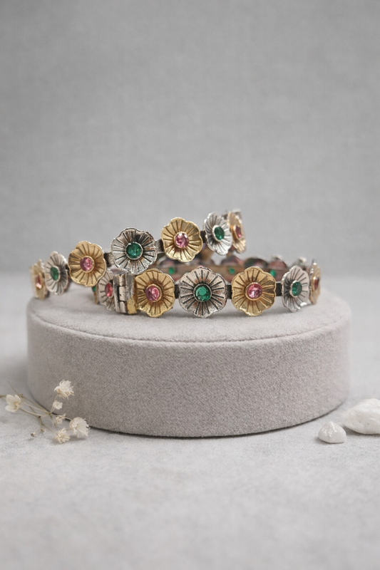Dual-Tone Floral design German Silver Bangles(Set of 2)-G35800