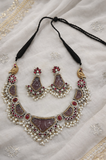 Oxidised Silver Amethyst & Pearl Silver Necklace Set-G352500